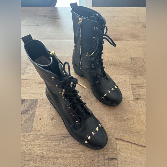 Michael Kors Cody Lace Up Boots Metallic Stars Stud Side Zip Leather combat - Picture 2 of 12